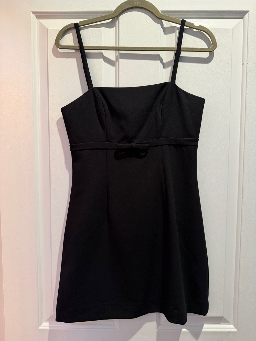 French Connection Black Mini Dress with Spaghetti Straps and Bow Detail